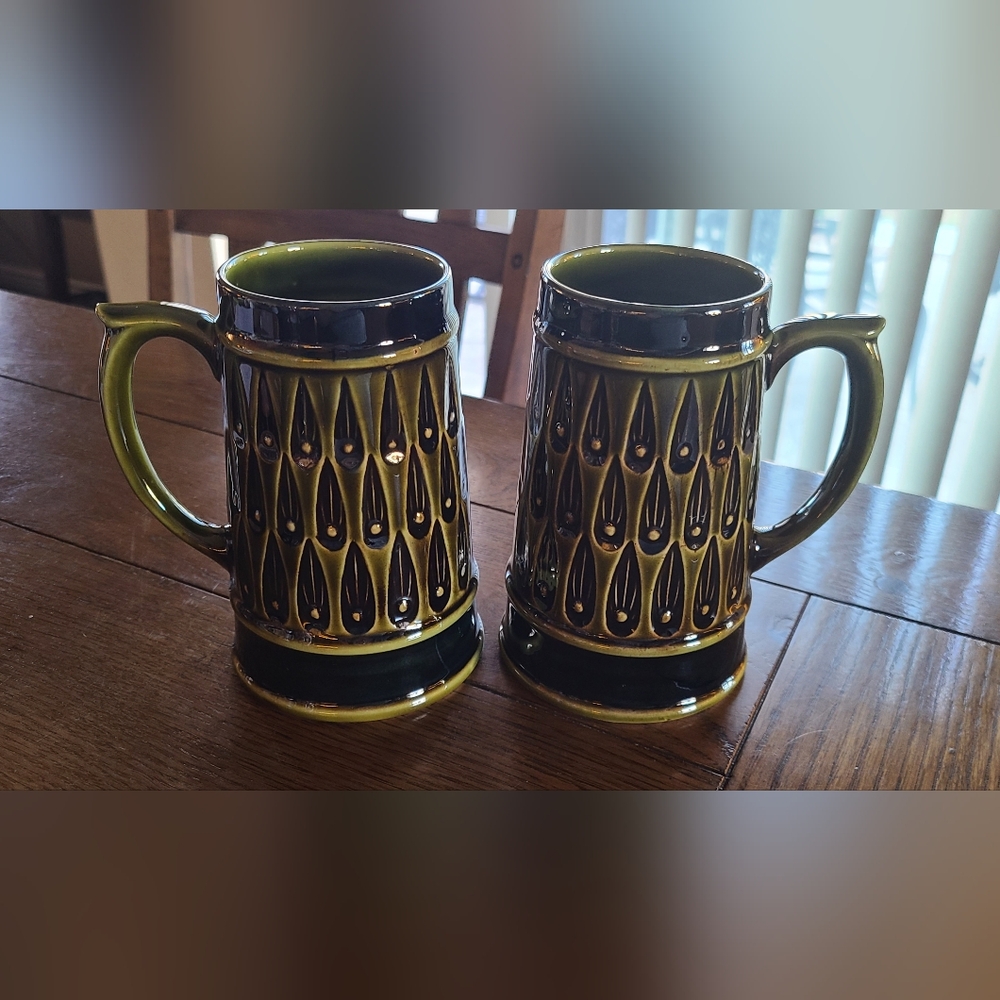 Vintage green and black glazed 5.5" tall pottery mugs